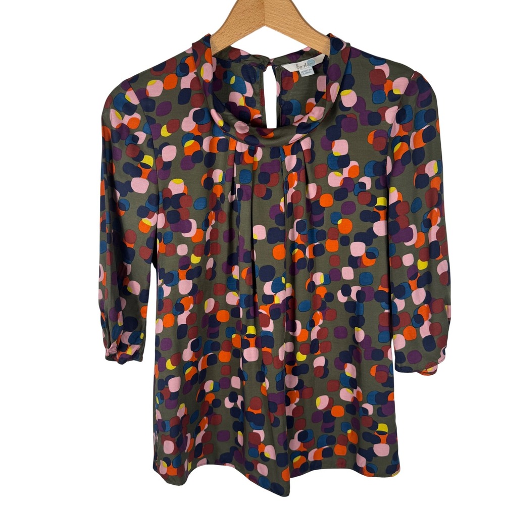 Boden Silk Blend Abstract Polka Dot Cowl Neck Blouse Womens 4 Green Multicolor